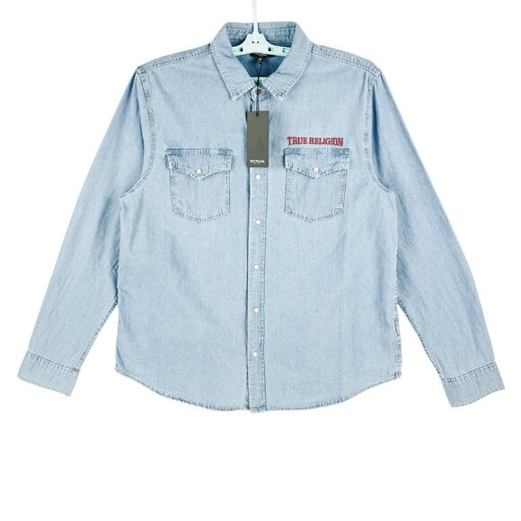 TRUE RELIGION Men's Chambray Long Sleeve Blue Western Pearl Snap Shirt Sz XL NWT - Picture 1 of 14